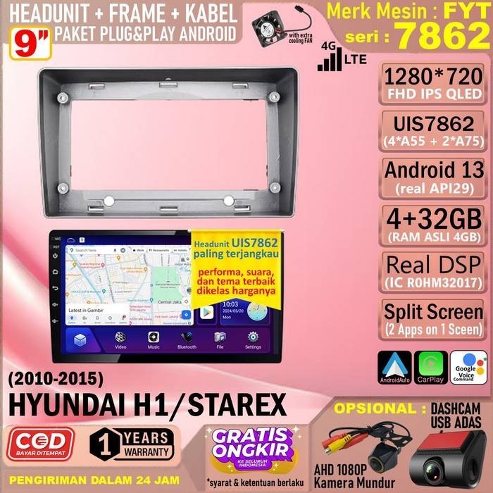 Paket Headunit Android 9 inch + Frame + Soket PNP Hyundai H1 Starex 2007 FYT 7862 UIS7862-Octacore 1