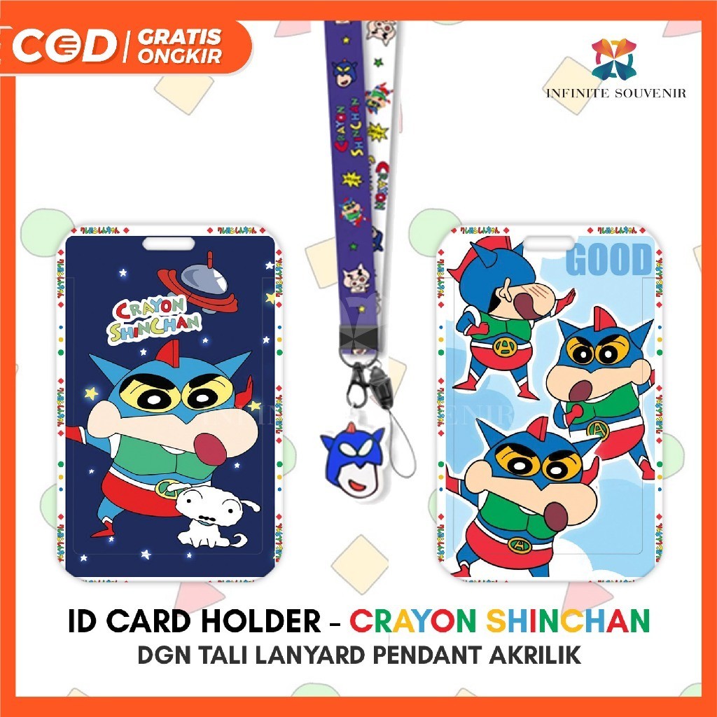 

[N003] CRAYON SHINCHAN / Name Tag Card Holder Motif Karakter Shinchan dengan Tali Lanyard Pendant Akrilik / ID Card Holder Tali Gantungan Acrylic Misae / Siro / Action Kamen / Nametag / Tempat Kartu Flazz / Emoney