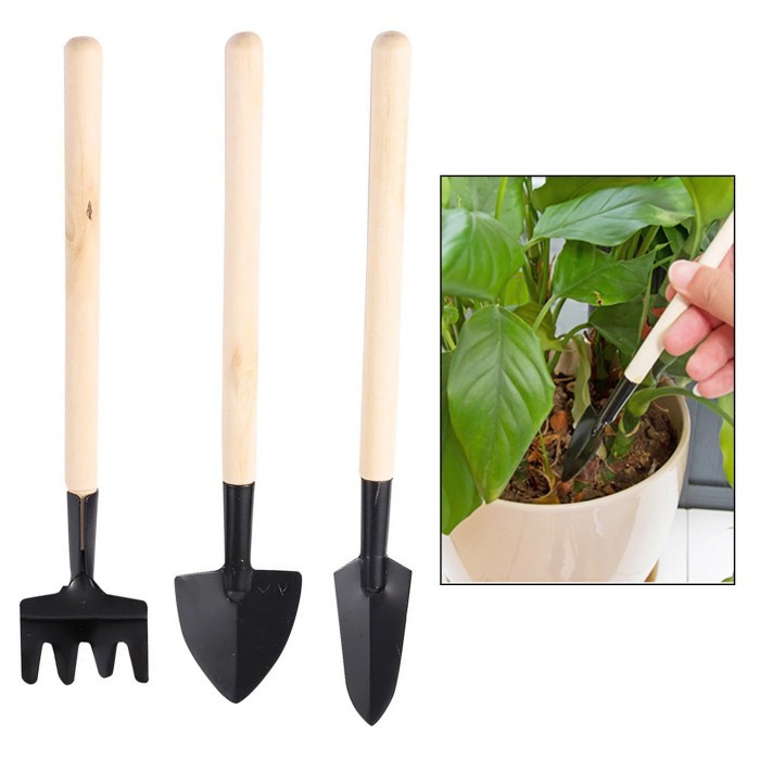 3in1 Set Sekop Garpu Cangkul Mini Alat Berkebun Kecil gagang kayu Tanaman Pot Kaktus Taman Kebun Bung Bonsai Gardening Tools 3 IN 1 Shovel Harrow