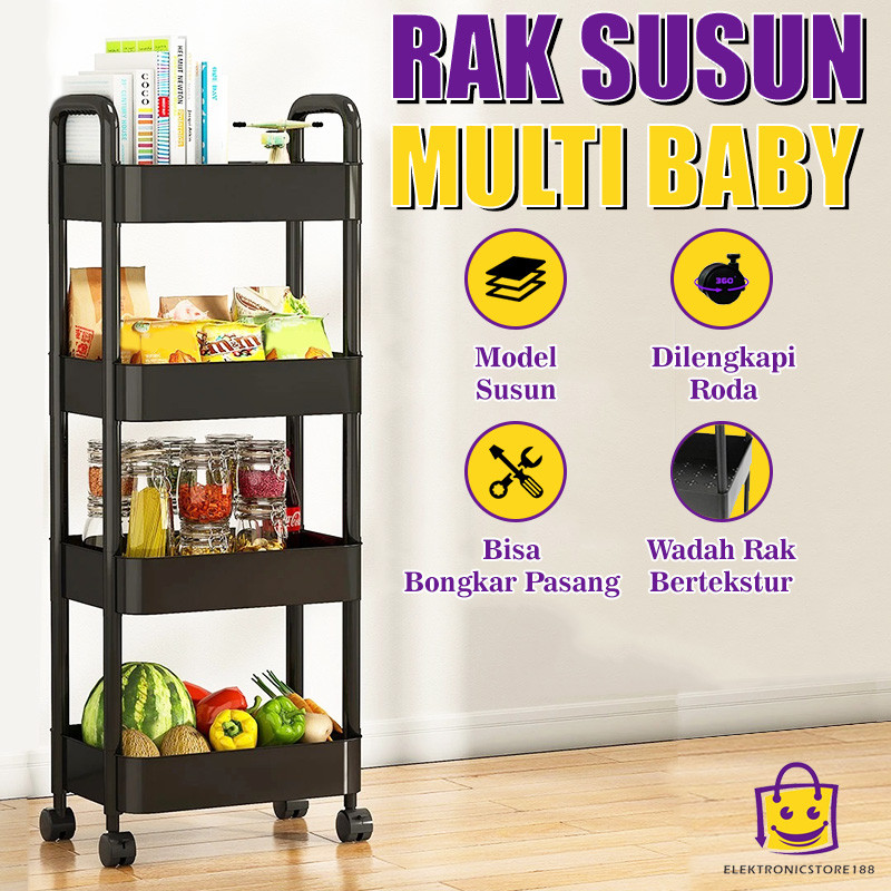 (E.S) Rak Susun Troli 4 Susun Serbaguna Dengan Roda Dan Pegangan Rak Kamar Mandi Bahan Plastik