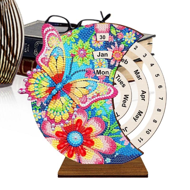 

Gemstones Painting Calendar Ornaments Manual Rotating Crystal Round Desk Calendar Rhinestones Art Tabletop Ornament Rotating