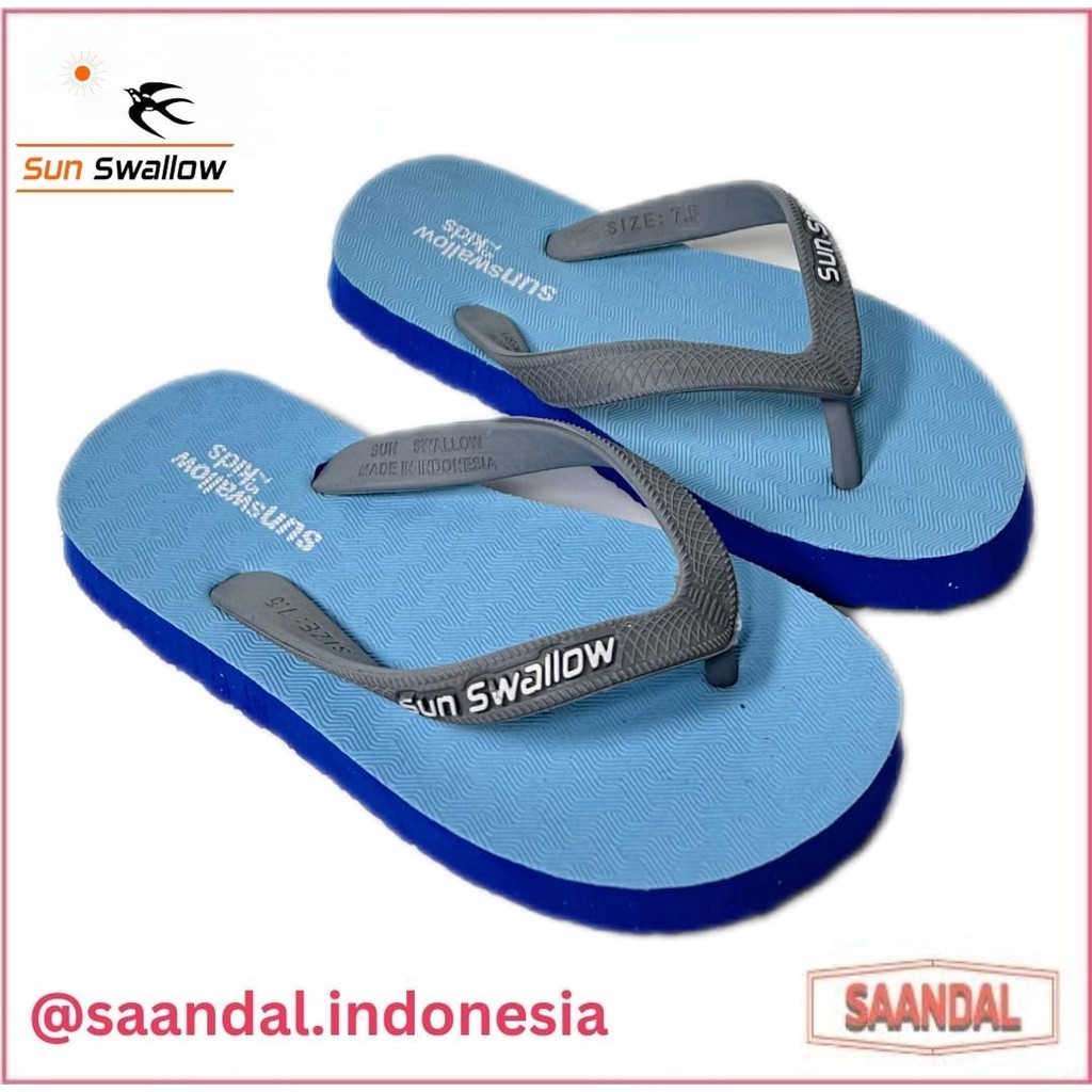 Sandal Jepit Karet Anak Laki-Laki Perempuan Sun Swallow Kids Biru Kuning Pink Hijau Ukuran 7.5-8.5