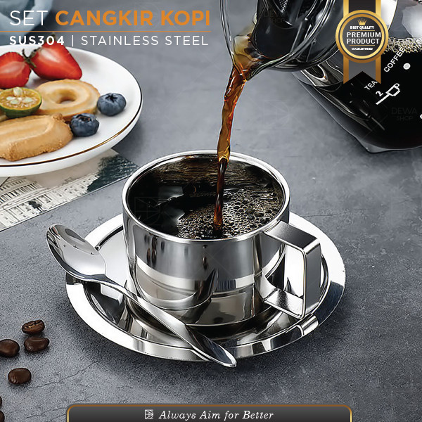 Set Cangkir Kopi Stainless SUS 304 Sendok Pisin Pegangan Kotak 180ML Stainless Silver Gold Rose Gold