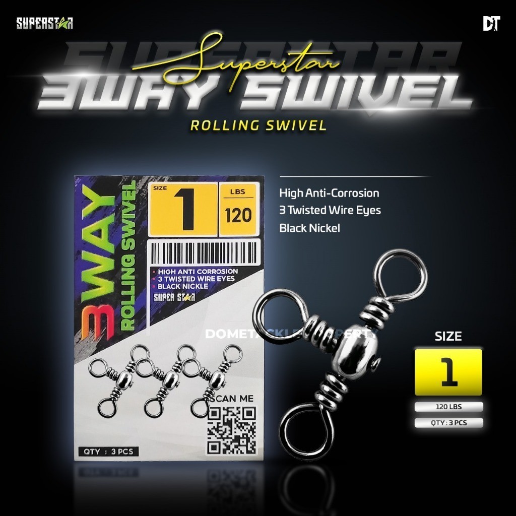 Three Way Rolling Swivel Cabang 3 Untuk Rangkaian Pancing Dengan Solid Ring Bass Swivel Cabang Tiga 