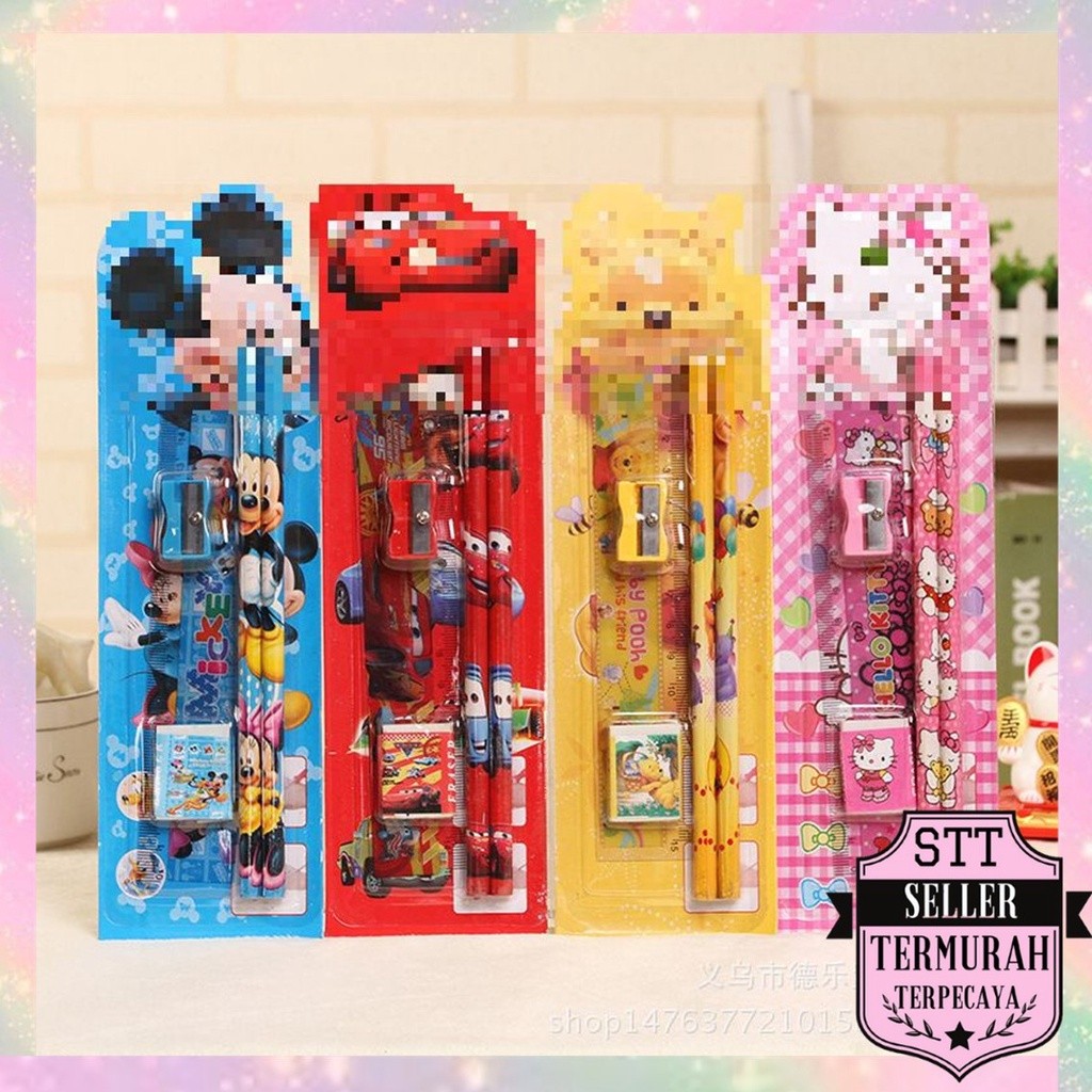 

STT Stationery Set 5 in 1 Alat Tulis Anak Sekolah Penghapus penggaris Pensil Serutan Karakter Lucu