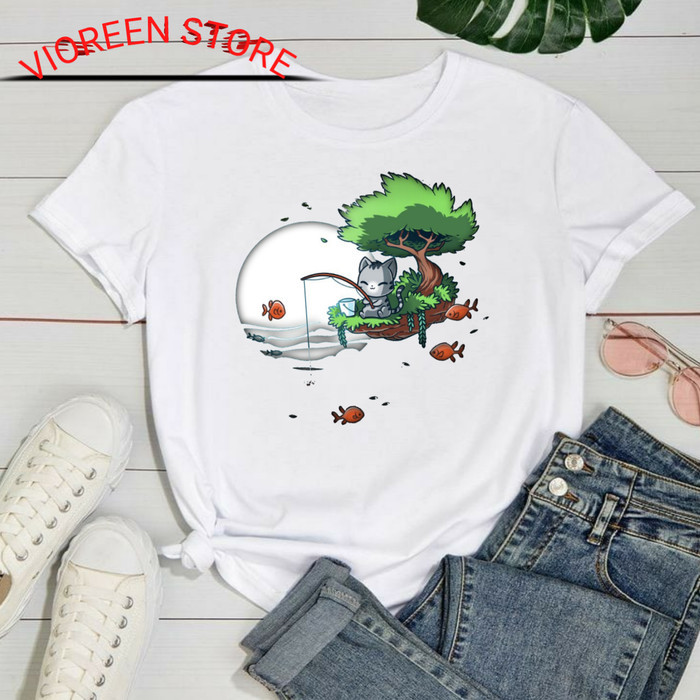 BAJU WANITA KAOS KATUN CEWEK PREMIUM CUTE CARTOON S-M-L-XL-XXL-3XL-4XL - Putih, S