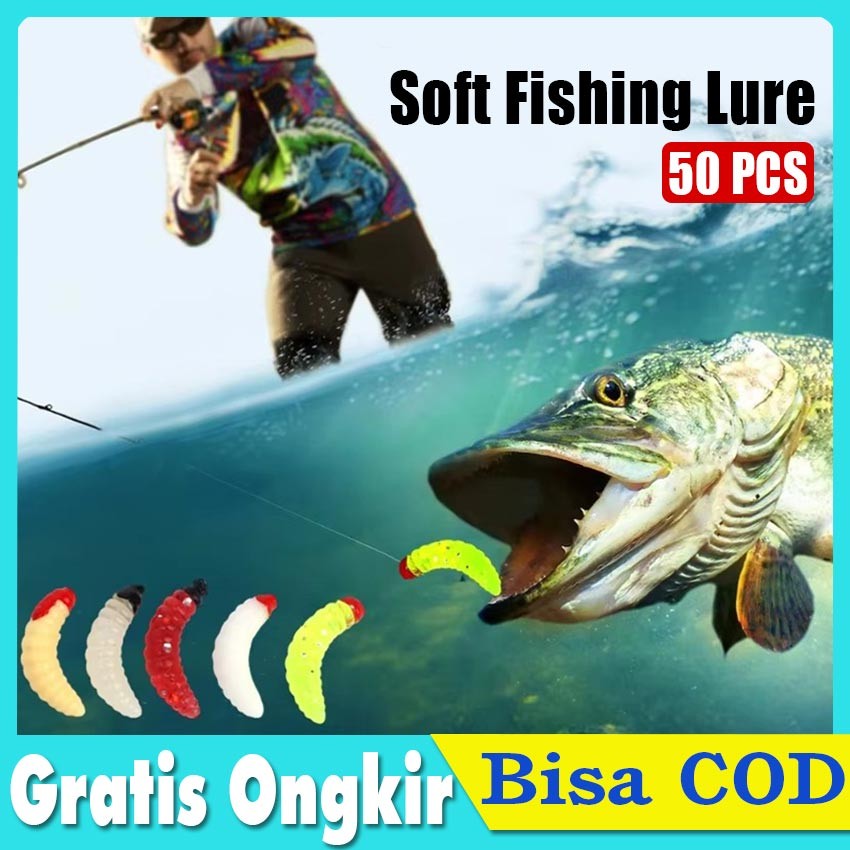Umpan Pancing 50pcs Ulat Soft Lure Mirip Belatung Umpan Kail Ikan Gabus Emas Lele Dll GID Menyala Da