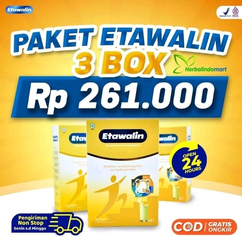 

PAKET 3 BOX SUSU ETAWALIN - Paket Sembuh Susu Sendi Atasi Radang Sendi Nyeri Tulang Cegah Osteoporosis Osteoartritis Pengeroposan Tulang Susu Kambing Etawa Kesehatan Susu Bubuk Murni Original Ettawa 100% Ori Susu Asam Urat Etawalin Platinum