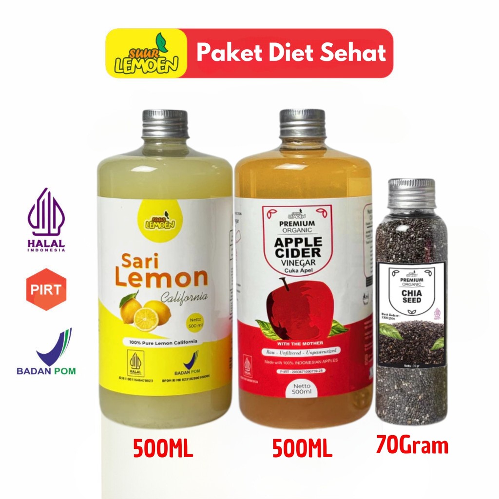 

Suur Lemoen Paket Diet Sehat Cuka Apel 500ML Sari Lemon Murni 500ML, dan Chia Seeds 70Gr