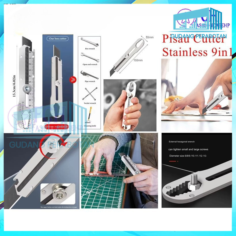 

GP PAKET 5PCS Pisau Cutter Stainless Besi 9in Cutter Stainless Pemotong Kertas Tajam Anti Karat