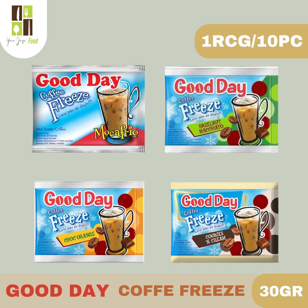 

Good Day Coffe Freeze 30g - 1 RCG/10PCs / Mocafrio / Hazelnut Macchiato / Cookies N Cream / Choco Orange / Kopi Instan / Kopi Bubuk