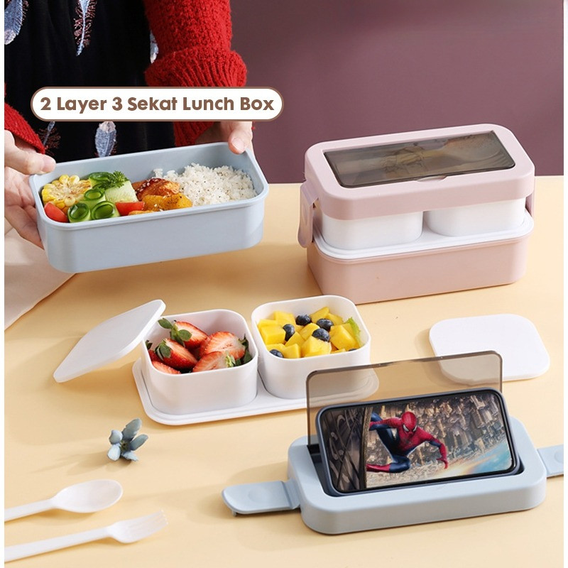 Lunch Box Set 2 Tingkat 1250ml Anti tumpah GRATIS Sendok Garpu Kotak Makan Bekal Tempat Bontot Makan