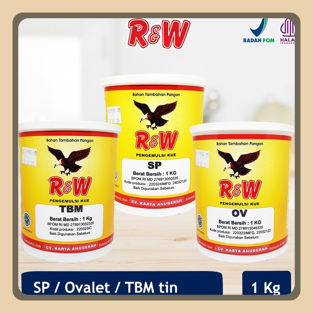 

Emulsifier SP Ovalet TBM Pengemulsi Pelembut Pengembang Kue Roti Rajawali R&W RW 1 Kg Tin