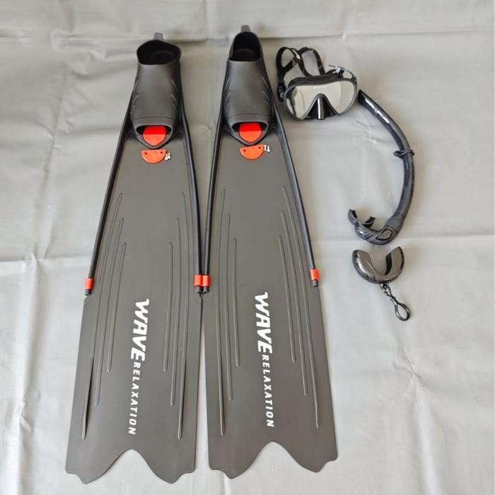 COWFISH PAKET COMBO LONG FINS WAVE KAKI KATAK, SNORKEL, KACAMATASELAM - hitam, xs