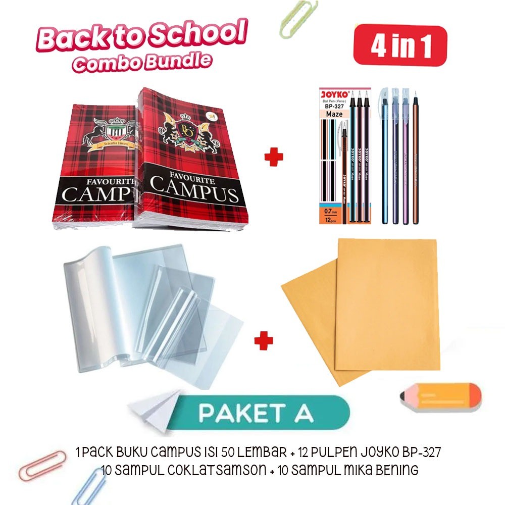 

BacktoSchool Combo Bundle Paket Alat Tulis 4IN1 Buku Tulis Pulpen Pen Sampul Coklat Samson Sampul Mika Bening Alat Tulis Set Paket Lengkap Buku Tulis