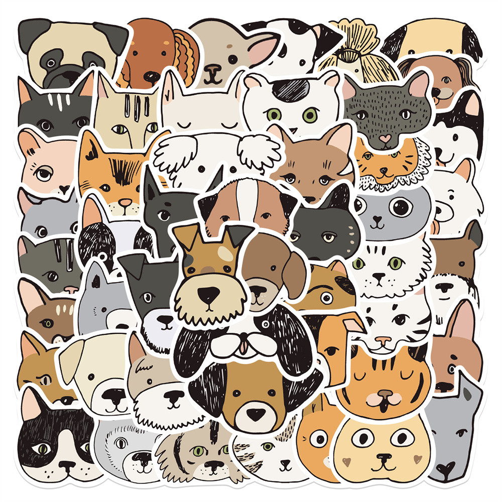 

50pcs Cartoon Cat Dog Stickers For Notebooks Phone Stationery Guitar Vintage Craft Supplies Kawaii Sticker Scrapbooking Material