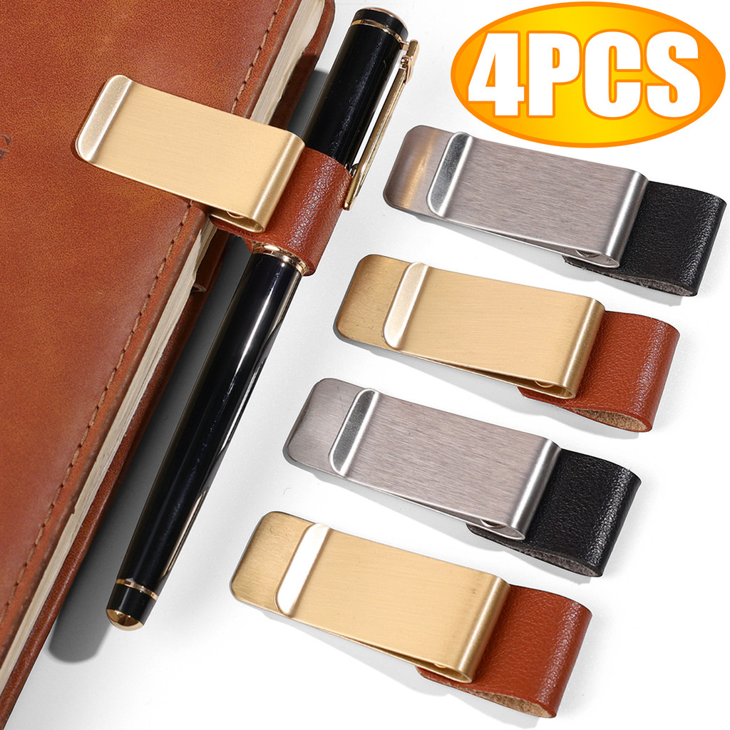 

4/2/1PCS Leather Brass Stainless Steel Pen Holder Clip Pen Loop for Notebook Traveler Journal Bookmark with Stainless Steel Clip