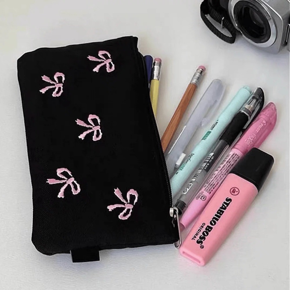 

New Canvas Cute Embroidered Bag Bowknot Square Shape Cosmetics Bag Lovely Print Pencil Case