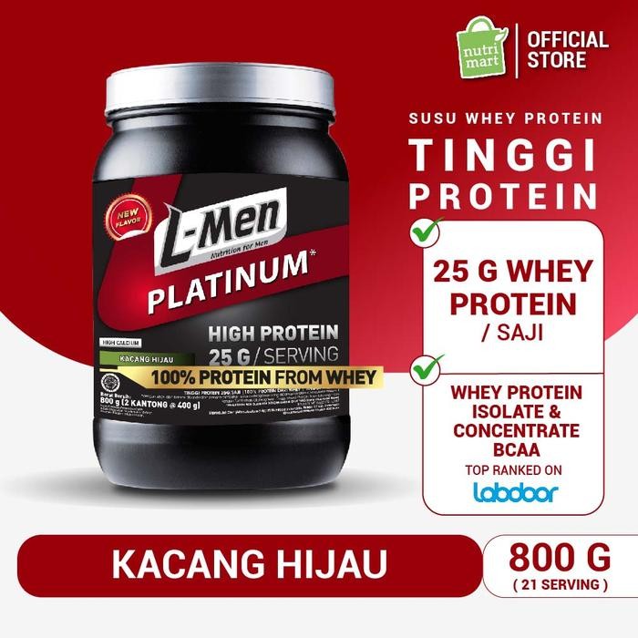 Hot Produk L-Men Platinum Kacang Hijau 800gr 1,7lbs - 25g Whey Protein - 21 Serving - 5,9g BCAA dile
