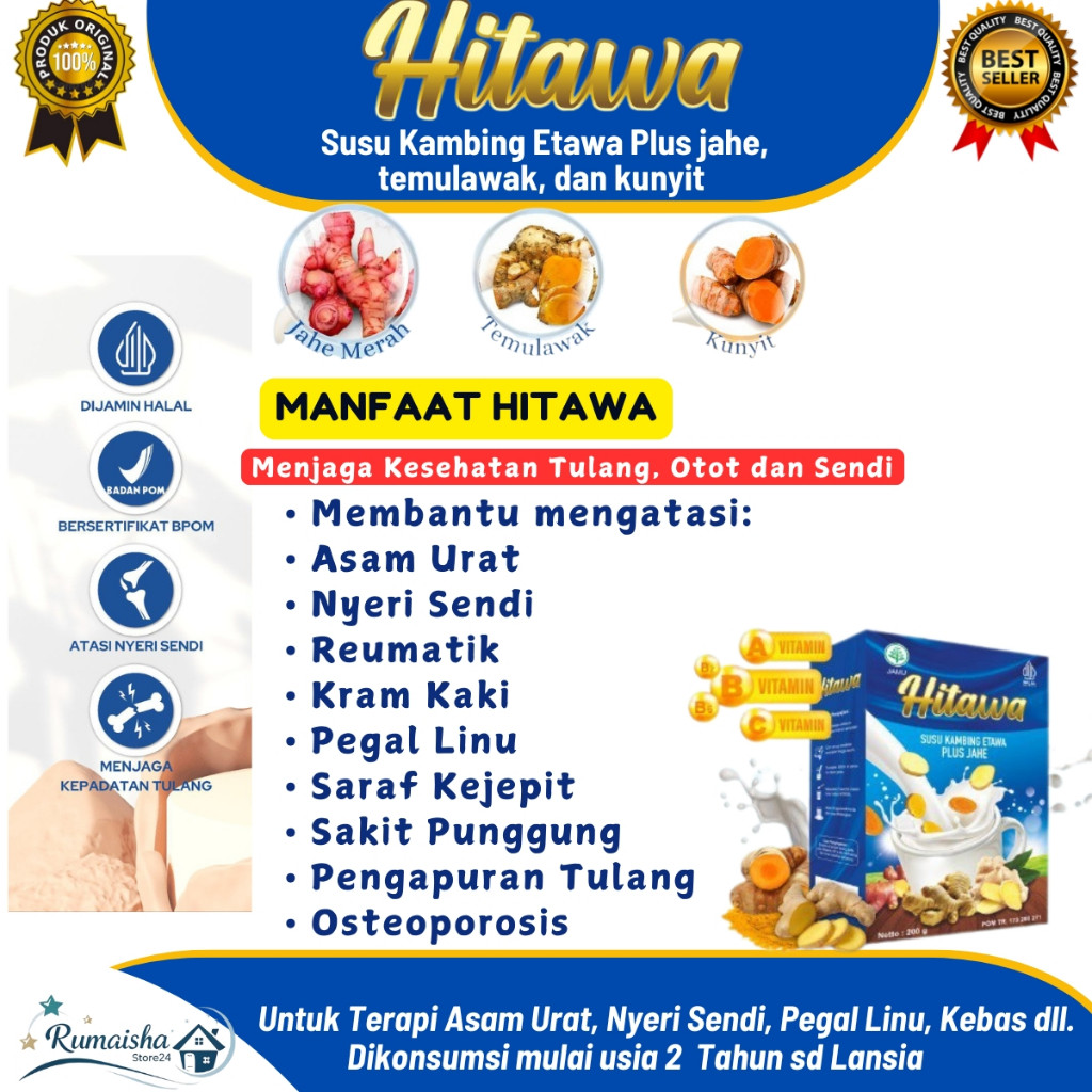 

Hitawa Susu Kambing Etawa 200gr – Plus Jahe, Temulawak, Kunyit | Tulang, Sendi, Asam Urat, Imun