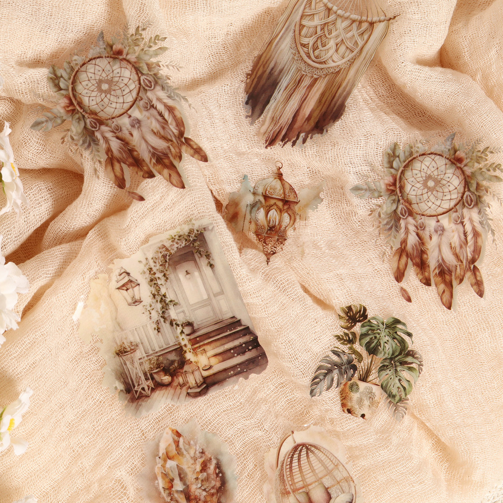 

48pieces PET and Art Paper Waterproof Transparent Boho Aesthetic Sticker, for DIY Crafts, Scrapbooking Supplies,Junk Journals