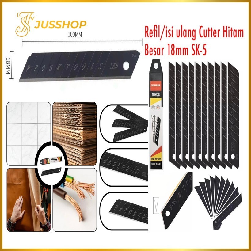 

(GROSIRAN) (Isi 10pcs) Isi Ulang Cutter Hitam Besar 18mm SK5 Refill Cutter Besar Tajam 18mm Stainless