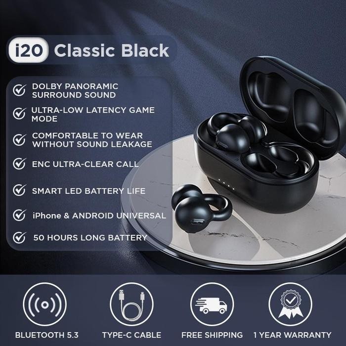 Hot Produk KINGLUCKY i20 TWS Earphone Bluetooth Wireless Waterproof | Ear Clip Wireless Super Bass |