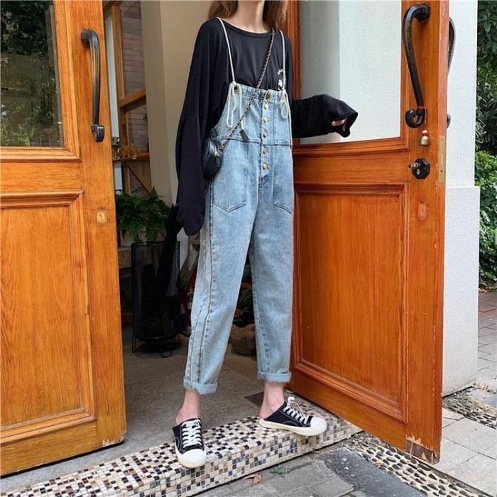 XJ0051 Overall Celana Kulot Denim Wanita Korea - S 35KG, Biru muda