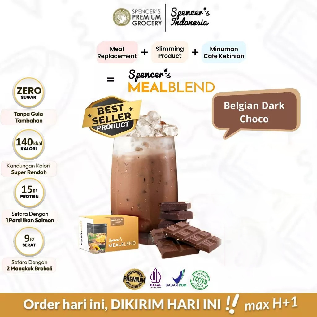 

Spencer's MealBlend Belgian Dark Choco 1 Box (15 sachet x 38gr) - Meal Replacement Suplemen Pengganti Sarapan - Nutrisi Alami Rendah Kalori
