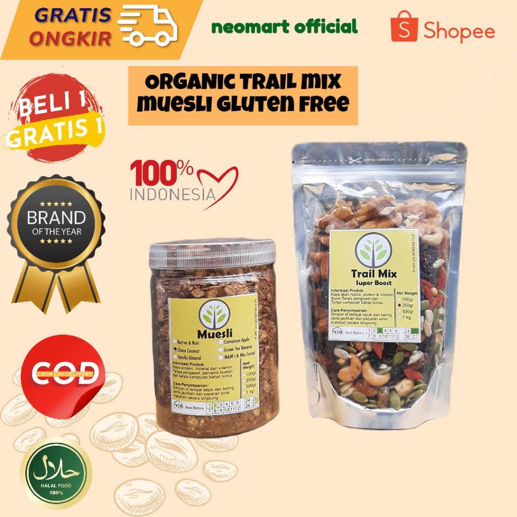 

Buy1Get1-Trail Mix 250gr+ Muesli 500gr Sereal Sarapan Sehat. Oat, kismis, almond, Paket Sarapan.Paket Diet. Sarapan Sehat. Makanan Diet. Makanan rendah kalori