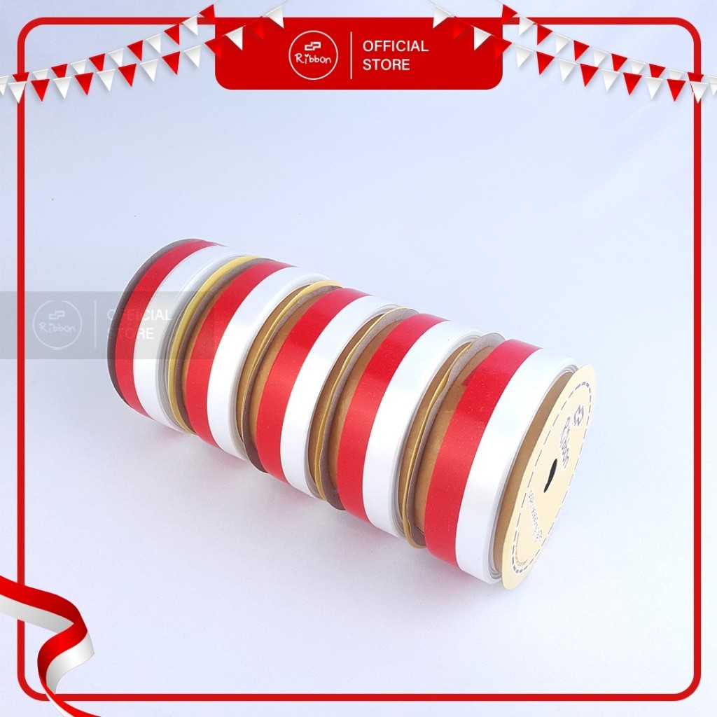 

1 Roll Pita Kado MERAH - PUTIH 2.5cm Ribbon 25mm x 14m Bendera Indonesia Merdeka Ribbon 1