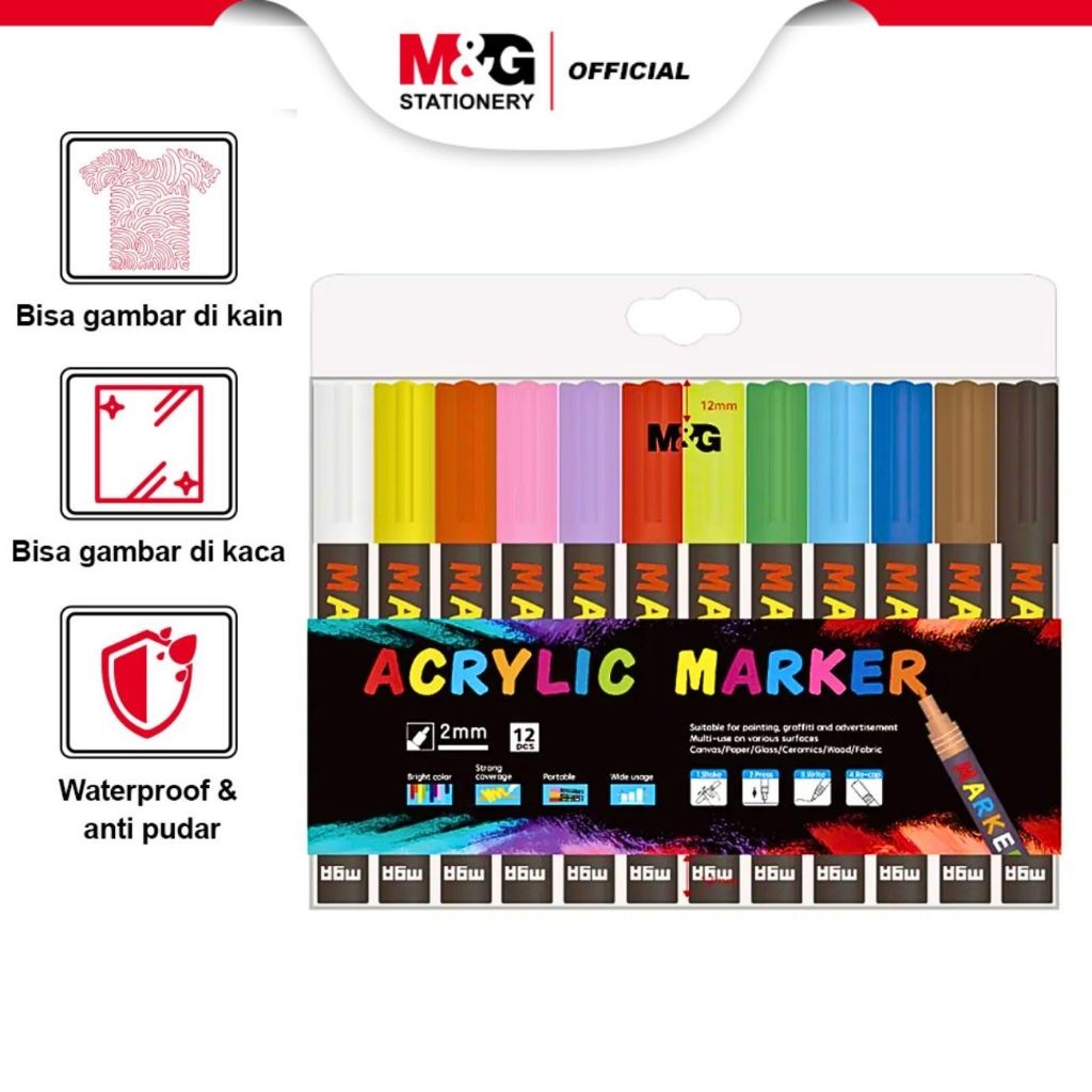 

M&G Spidol Akrilik 1 set isi 12 Warna Warni Acrylic Marker Anti Air Serbagun Tip Toutch Sketch Tinta Cerah Tidak Mudah Kering Tidak Berbau
