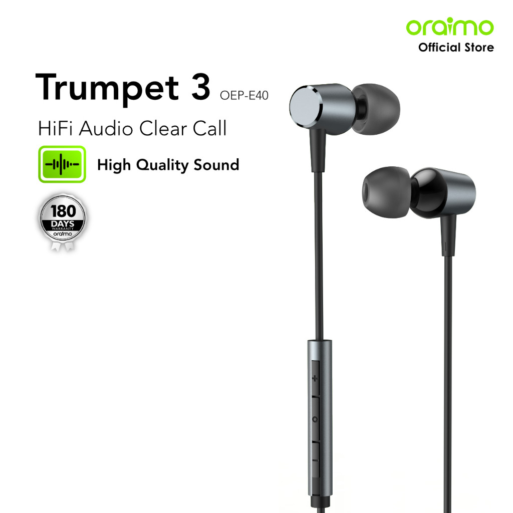 JAMIN MURAH oraimo Earphone Berkabel Trumpet 3 OEP-E40 Headset Kabel Mikrofon Bass Logam Headphone E