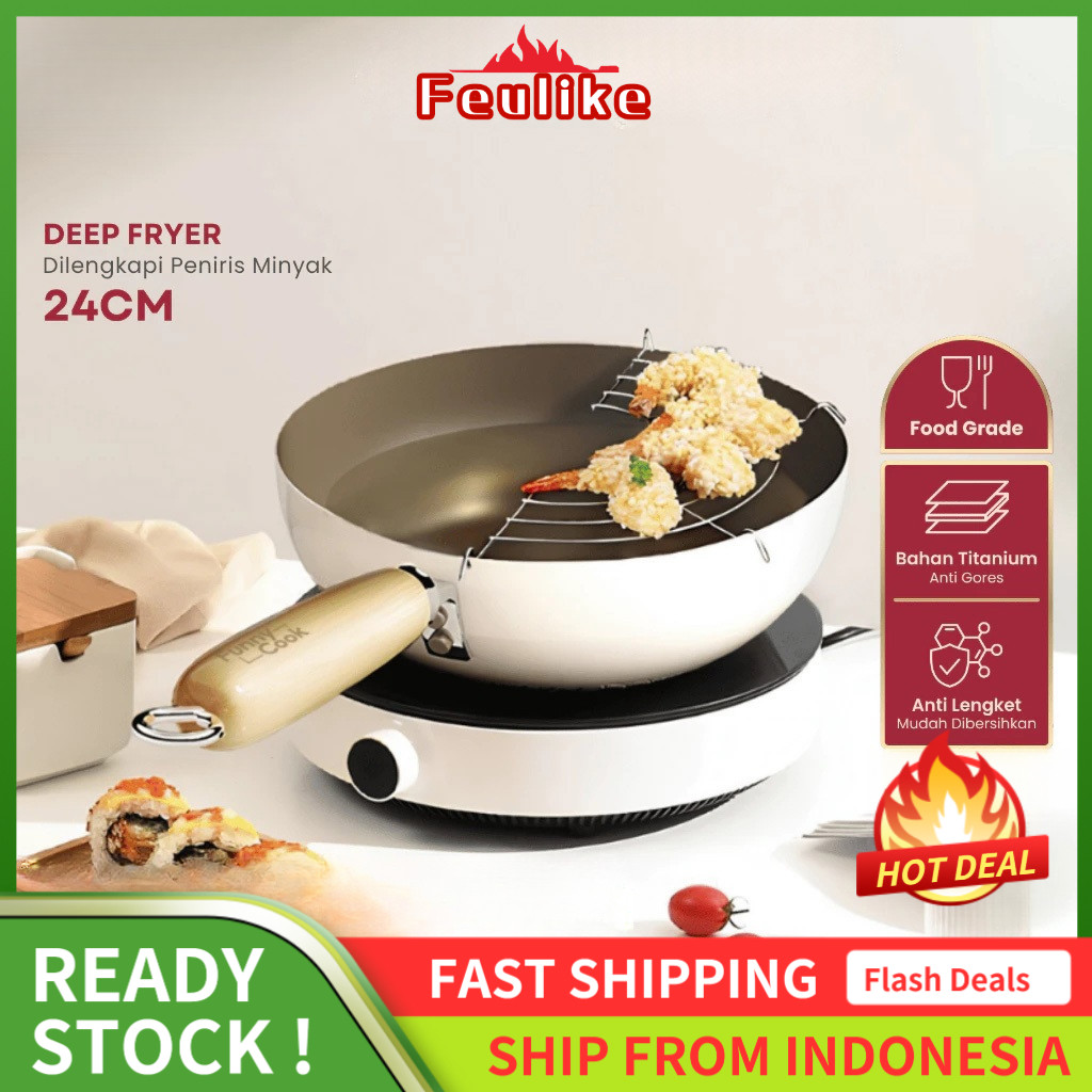Feulike Wajan Penggorengan 24CM Marble Coating Anti Lengket + Tutup Kaca & Peniris Minyak