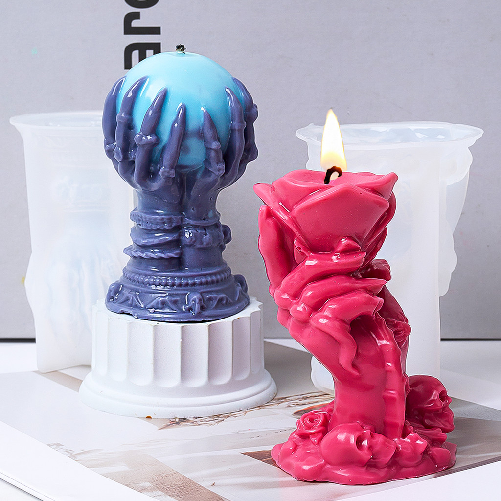 

New Rose Hand Silicone Candle Mold DIY Ghost Claw Demon Hand Holding Ball Scented Making Mould Halloween Gifts Craft Party Decor