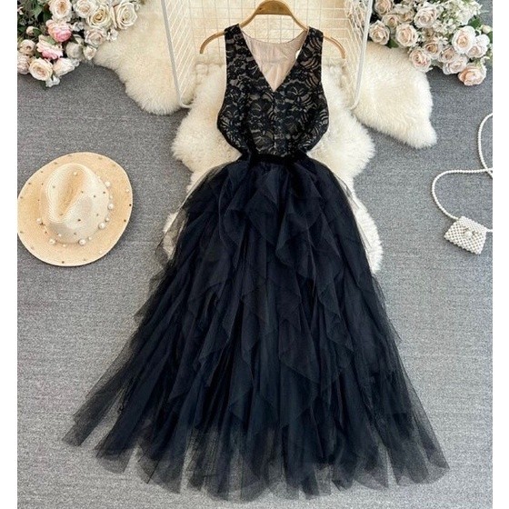 Ressy Dress /Midi Dress Pesta Hitam Brukat Wanita V-Neck