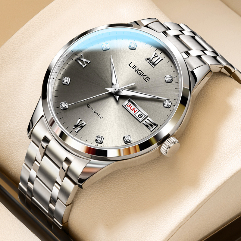 

Jam Tangan Mekanis Otomatis Penuh Lingke Kalender Ganda Jam Tangan Mekanis Stainless Steel Pria Jam Tangan Bisnis Sederhana Luminous Tahan Air