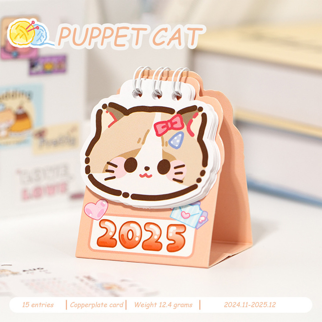 

2025 Mini Cute Cat Desk Calendar 12 Months Tabletop Flip Schedule Calendar Flower Bowknot Decor Home School Desktop Decorations