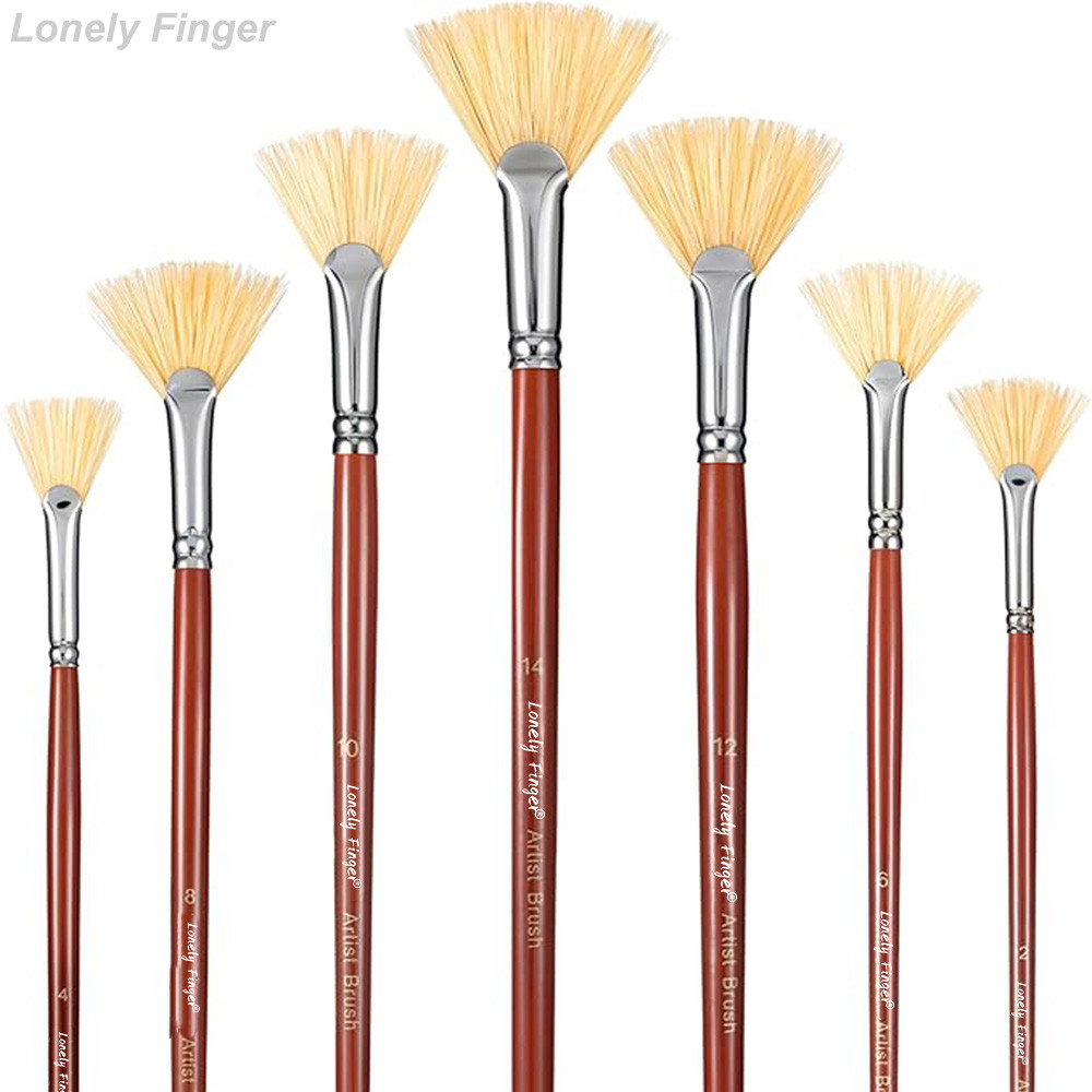 

7/14 PCS Bristle Fan Brush Set with Long Wood Handle, for Painting Professional Artist, Acrylic Oil Watercolor Painting