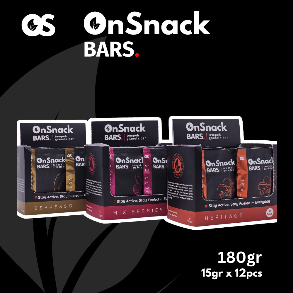 

OnSnack BARS. Tempeh Granola bar 15gr x 12 pcs (Rasa Espresso dan Mix Berries) | Cemilan Sehat |