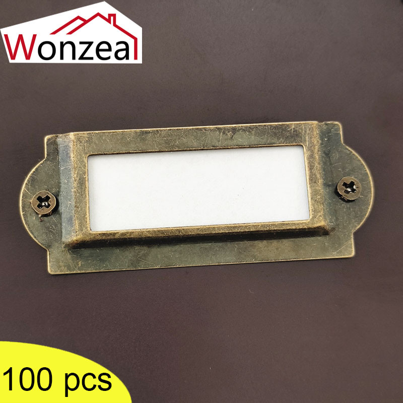 

Wonzeal 100Pcs/Lot Antique Iron Label Pull Frame File Name Card Holder Furniture Cabinet Drawer Box Case Hardware 60*24mm Handle