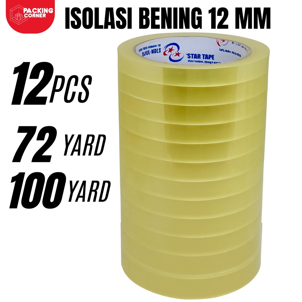 

Isolasi Bening 12mm x 72 - 100 YARD isi 12 PCS | Lakban 1/2 inch