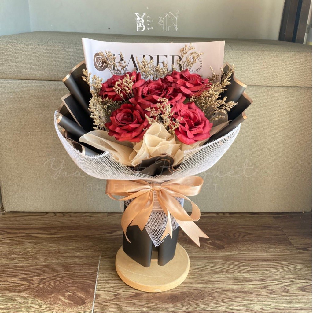 Buket bunga mawar besar premium isi 5  plus kaspea kering free ucapan dan paking / bouquet ucapan