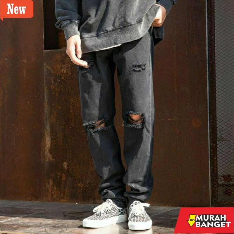 Celana sobek ripped pria jeans yg kekinian- CELANA SOBEK PRIA JEANS REGULER STANDAR BASIC COWOK 27-3