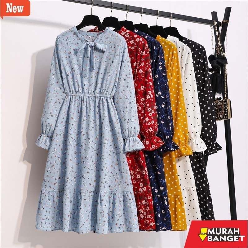 dress wanita kekinian Fashion Warna Hitam Bunga Biru Titik Gelombang Wanita Beach Midi Dress Korea L