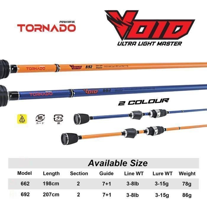 Tornado Void 662 692 Line Wt 3-8lb Joran Spinning Ultralight Master Bahan Carbon Hollow Tongkat Panc