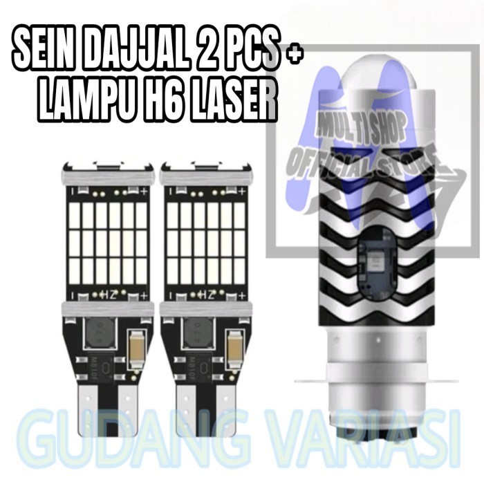 PAKET HEMAT | LAMPU LED DEPAN H6 LASER AC DC + LAMPU SEN SEIN T10 DAJJAL 45 LED SEMUA MOTOR - Biru