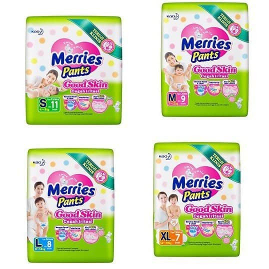 MERRIES PANTS GOOD SKIN KEMASAN KECIL | PAMPERS CELANA BAYI S11/M9/L8/XL7