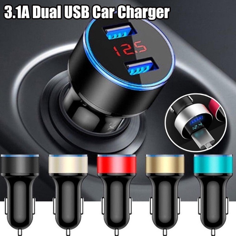 Car Charger Mobil Charger Motor 2 Ports 3.1A 12V-24V Output Fast Charging LED Display Voltmeter Peng