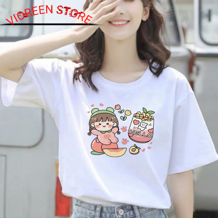 BAJU KAOS WANITA CEWEK KATUN IMPORT PREMIUM HELLO S-M-L-XL-XXL-3XL-4XL - Putih, S